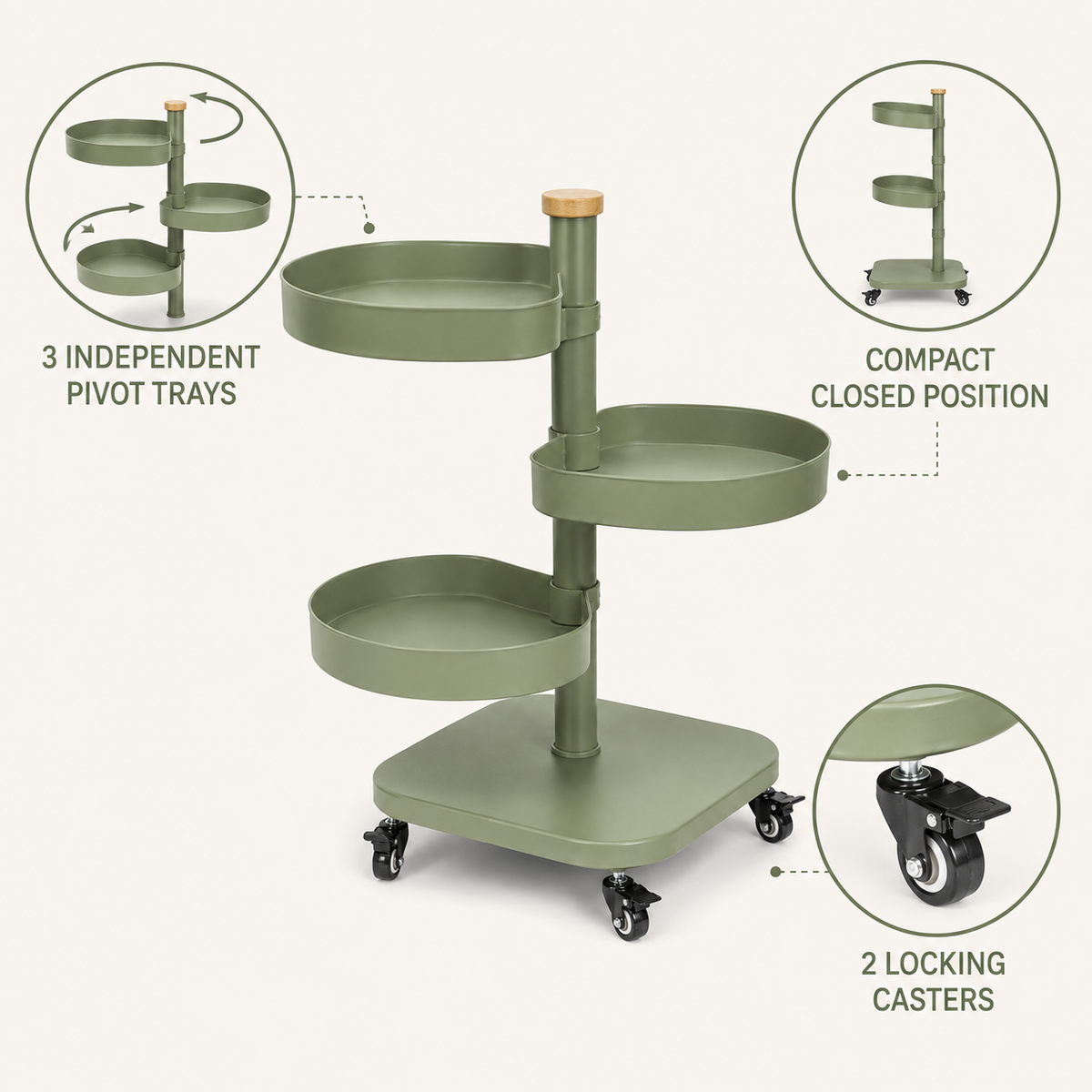Petal-Pivot 3-Tier Rolling Cart